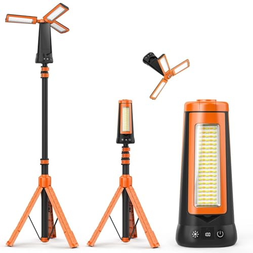 Projecteur de Chantier avec Trépied, 12000mAh Rechargeable Lampe de Camping LED à 3 Têtes, 5000LM 6500/4500/3500K Réglable & 5 Mode, Lampe de Travail Portable pour Pêche, Atelier, Urgence (Orange)
