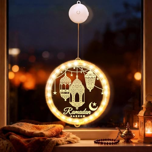 FUFRE Ramadan Deko Fenster Licht, Eid Mubarak Dekoration Led Fensterdeko Mit Timer, Stern Und Mond Deko Licht Mit Saugnäpfe, Fensterdeko Hängend Usb/Batteriebetrieben, Für Eid De-ko, Islam D-eko (B)