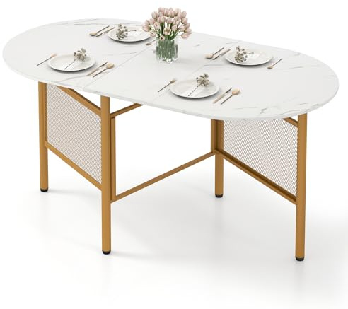 COSTWAY Esstisch klappbar, Küchentisch für 6-8 Personen, platzsparender Klapptisch, ovaler Esszimmertisch für Esszimmer, Küche, 150 x 80 x 76 cm (Weiß + Gold)