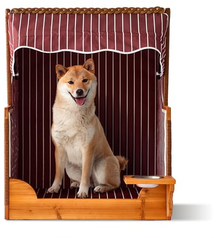 Relaxdays Hundestrandkorb, Rattan, mit Napf, Hundesessel mit Dach, HBT: 95x75x65 cm, Garten & Terrasse, Holz, dunkelrot