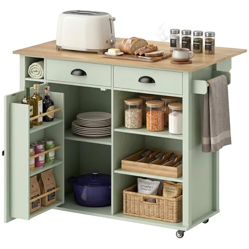 HOMCOM - Carrello Centrale Cucina con Piano Pieghevole, Carrello da Cucina su Ruote con Armadio, 2 Cassetti, Porta Asciugamani, Mensola Regolabile, Scomparti Aperti, 117,5 x 70 x 91 cm, Verde Chiaro