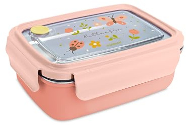 Miniland Steel Lunchbox Butterfly - Fiambrera Infantil Acero Inoxidable 800 ml | Hermética con Cierre Seguro | Sin BPA, Resistente y Apta Lavavajillas | Ideal para Colegio
