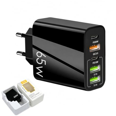 Caricatore USB C, caricatore USB, alimentatore USB C 65W a 5 porte, 2 USB-C e 3 USB-A, presa USB PD20W QC3.0 in PC con spina EU per casa, ufficio, viaggio, telefono, tablet e auricolari