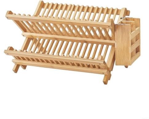 Glomc 1 escurridor de platos de madera de 2 niveles con soporte para utensilios, estante de secado plegable para encimera que ahorra espacio, organizador de cocina para cocinas pequeñas