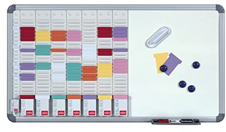 Nobo - Kit Planning Hebdomadaire Mural à Fiches T avec Tableau Blanc Magnétique, Surface en Acier, 7 Colonnes & 24 Fentes, Indice 2, Fiches T / Index / Feutres / Aimants Inclus, 2951400