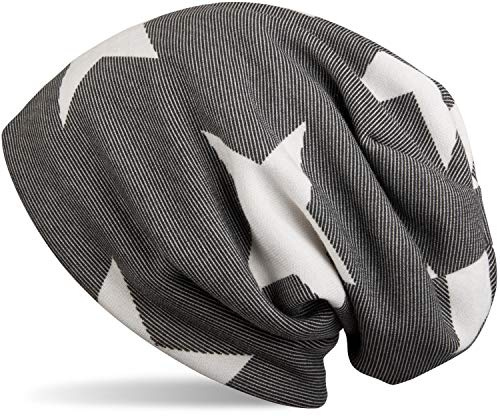 styleBREAKER Unisex Beanie Sterne Streifen Feinstrick bis 58cm | Longbeanie. elastisches Material. Bundweite 26cm. weiche Haptik. Einheitsgröße. modisches Muster.