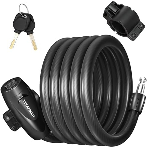 Titanker Bike Lock, Bike Lock Cable 6 Feet Coiled Secure Bicycle Locks with Keys Scooter Locks Bicycle Locker 1/2 Inch Thick Heavy Duty Anti Theft Bike Cable Lock with Mounting Bracket