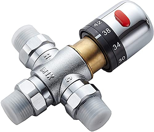 Gangang Válvula Mezcladora de Latón Templado Macizo Sin Plomo - Conexiones Macho G1/2 NPS Con Válvula de Retención (Termostatica)