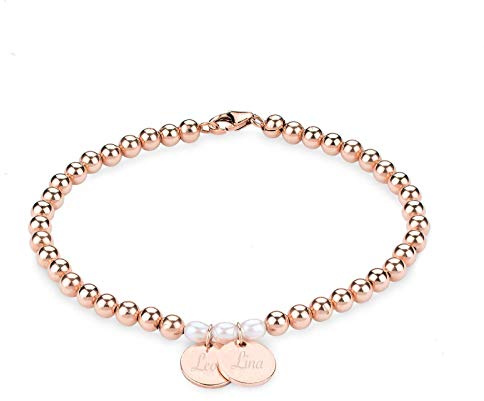 VIENNA Kugel Armband 14K Rose Gold Filled mit Gravur | Personalisierter Schmuck | 2 Plättchen Anhänger | Persönliche Geschenke zum Valentinstag Jahrestag Muttertag Geburtstag