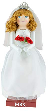 Clever Creations - Braut als weihnachtlicher Nussknacker - traditionelle Deko-Figur aus Holz in weißem Hochzeitskleid mit Brautstrauß aus roten Rosen - 35,5 cm