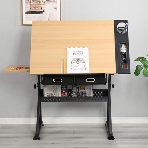 SogesHome Table à Dessin,Hauteur Réglable,avec 2 Grands Tiroirs,pour Beaux-Arts, Cours de Travail, Les Architectes, Ingénierie,120 * 60 * 68~91cm,SH-UT-DT1027