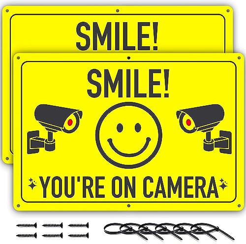 ASSURED SIGNS Smile You're On Camera Sign, 11.75x8 Aluminum, 2 Pack | No trespassing warning, deters intruders & theft, mounts on gates & fences, rust-free outdoor finish, camera warning