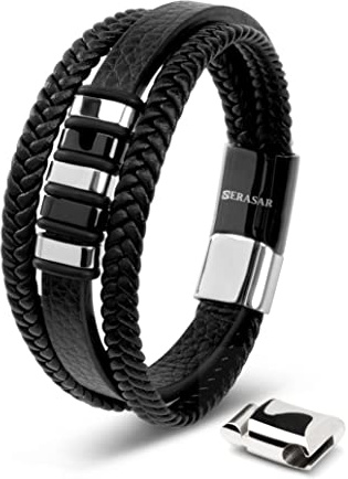 SERASAR Läderarmband för Män 23cm Flätat Silver/Svart Armband Pojkarmband Hanarmband Smyckepresentidé Jubileumspresenter Present till Make, Pojkvän