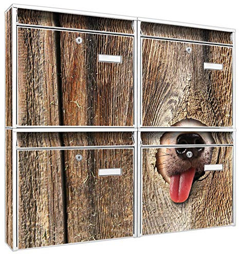 banjado Briefkastenanlage 4 Fach - Postkästen groß - verzinkter Stahl weiß DIN A4 Motiv Rumschnüffeln - Briefkasten Set 4 Briefkästen Namensschild, 2 Schlüssel, Montagematerial