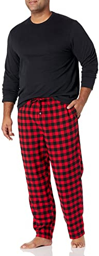 Amazon Essentials Conjunto de pijama de franela suave para hombre (disponible en tallas grandes y altas), diseño a cuadros escoceses negro y rojo, talla L