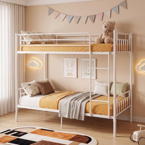 Panana Twin Over Twin Bunk Beds, Modern 3FT Single Metal Bed Frame Home Sleep For Kids/Adult Children Bed Frame With Stairs (White)