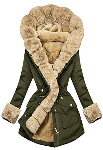 HHMY Vinterparkas dam fodrad, varmt teddyfoder kappa utomhusjacka trenchcoat med fuskpäls huva vinterrock långa ärmar tjock huvjacka midja quiltad parkas kappa, S – XXL, Armégrön, L