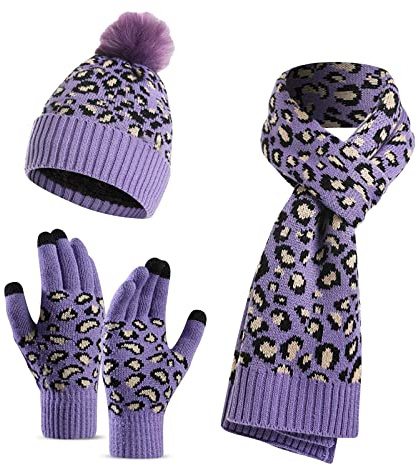 LumiSyne Winter 3 In 1 Mütze Schal Handschuh Sets Für Damen Beanie Strickmütze Langer Schal Touchscreen Handschuhe Leopard Stricken Mit Pompon Bommel Weicher Warme Dicke Futter