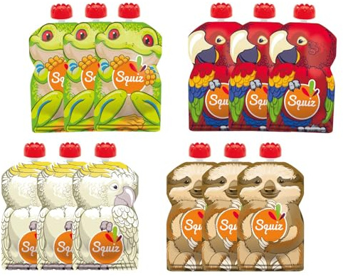 Set mit 12 wiederverwendbaren 130-ml-Quetschbeuteln | Amazonie-Kollektion | Für Babys, Kinder und Erwachsene | Für Kompott, Püree und Smoothies | Hergestellt in der Schweiz und Frankreich | Squiz