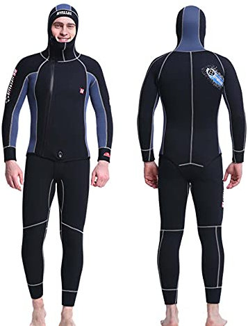 5 mm Herren-Tauchanzug mit Kapuze, 2 Stück, Tauchanzüge aus Neopren, Winter, Front, Reißverschluss, Ultra Stretch, Overall mit langen Ärmeln, für Schnorcheling, Surfen, Schwarz, Blau, XXL