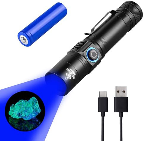 I0DO 365nm Shortwave Uv Light for Minerals Rock Hunting Black Light Strong Blacklight Flashlight for Resin Curing,Pet Urine Detector,AC Leak Detector,Mineral Hunting UV Flashlight