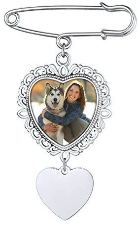 Custom4U Stainless Steel Photo Brooch Silver Gold with Picture Engraving Memorial Pendant Bridal Bouquet with Photo Pendant Silver for Wedding Boutonniere Pin Bouquet Charms