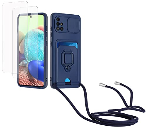 Kaslly Case für Samsung Galaxy A51 4G Handykette Hülle+[2 Schutzfolie Glas],Slide kameraschutz,Silikon Handyhülle zum Umhängen Kette,Kartenfach-Navy blau