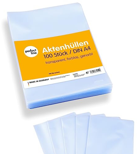 perfect line - 100 Aktenhüllen DIN-A4-90 my, transparent, genarbt - dünn, leicht & platzsparend - Top Qualität - dokumentenecht, säurefrei