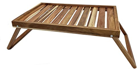 Akazien Betttablett mit ausklappbaren Beinen - 49 x 33 cm - Holz Serviertablett mit Gestell - Frühstückstablett Betttisch Laptop TV Bett Snack Servier Tablett