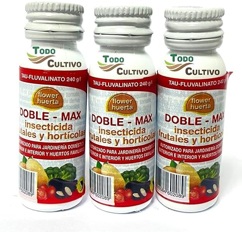 Insecticida de frutales contra pulgones Doble Max Tau-fluvalinato 24% 24cc (3x8cc). Tratamiento 45 lts. Eficaz control de plagas como Pulgon Prays mosquito verde