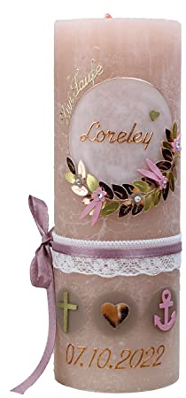 Cerziies Taufkerze Rustik LORELEY Junge oder Mädchen mit Name und Datum, individuell und handverziert 1832