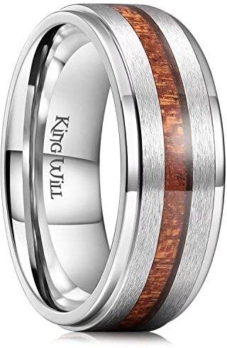King Will Nature 8mm Black/Silver Tungsten Carbide Wedding Band Real Wood Inlay Matte Brushed Finish