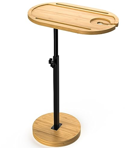NiHome Bamboo Swivel TV Tray Table with Thickened Stable Non-Tipping Base,Adjustable Height Couch Table Tray,End Table,Bath Tub Side Tray Table with 360° Rotating for Hot Tub Bedside Sofa Balcony