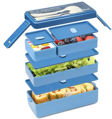 Bugucat Lunch Box 1450 ML, Double Stackable Bento Box Container Meal Prep Containe With Cutlery, 3 Tier and 4 Compartment Design Food Containers , 1450ml-blue
