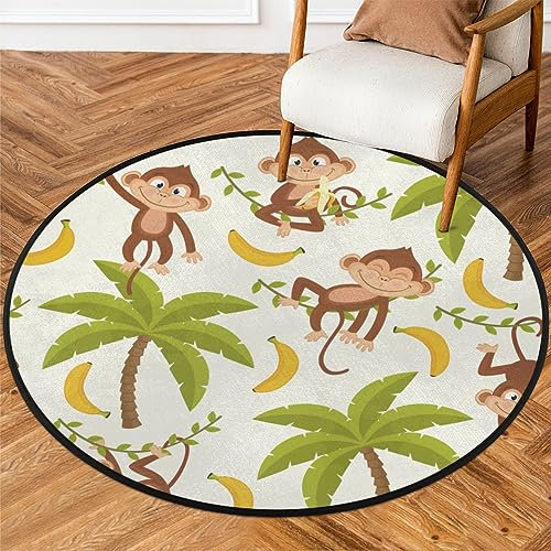 Affe Bananenbaum, runder Teppich, 91 cm, kleiner Kreisbereich, weich, rutschfest, waschbar, Bodenmatte, ultradünn, Überwurf, Teppich für Eingangsbereich, Schlafzimmer, Badezimmer, Wohnzimmer