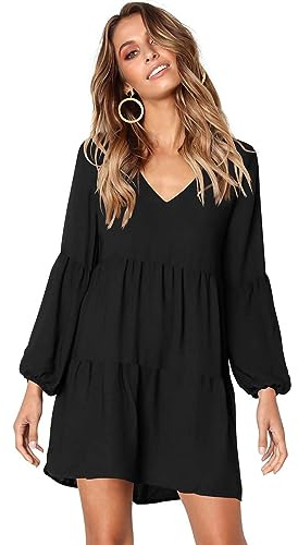 MeeQee Femme Casual Robes col en V à Manches Longues Elegante Chic Courtes Mini Robes Lâche Ourlet à Volants Épissur Décontracté Robe Midi de Cocktail Party Soirée