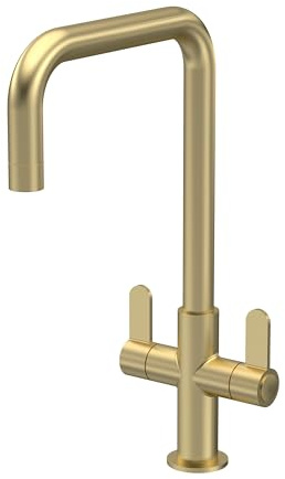 Balterley Kitchen Tap with Dual Lever Handles, Mono Kitchen Mixer Tap, Brushed Brass Mono Mixer Taps for Sink, Round Base with Square Spout Taps for Sink - 130 x 236 x 361mm (Brushed Brass)