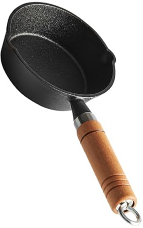 Toddmomy Cast Iron Frying Pot Small Metal Sauce Pot with Beech Wood Handle, Black, Compact and Portable Design for Soups and Eggs, Quick and Efficient Cooking for Travel and Bakeries