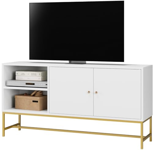 FirFurd 120 cm TV Schrank Lowboard Fernsehschrank aus Holz und Metall Fernsehtisch mit 2 Türen TV Board Sideboard für Wohnzimmer, Büro, Flur 120 x 60,3 x 30 cm Weiß und Gold