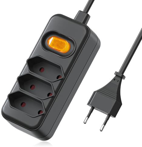 Mehrfachsteckdose 3-Fach Flachlochdesign | Flachstecker-Verteilersteckdose mit Schalter & 2m Verlängerungskabel | Steckerleiste als Mehrfachstecker flach | 3er Eurostecker (Schwarz)