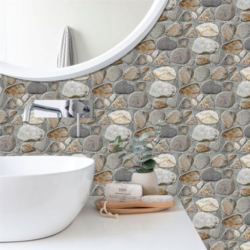 Piastrelle Adesive Cucina 14x28cm Ciottoli Grigi Piastrelle Adesive Bagno Impermeabile Mattonelle Adesive Mobili Decorazioni Paraschizzi Cucina Adesivo (21 Pezzi)