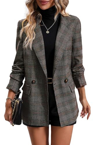 Mina Self 2025 Damen-Blazer mit Hahnentrittmuster und Karomuster, vollständig gefüttert, eleganter Business-Anzug, lässiger Büroanzug mit Taschen