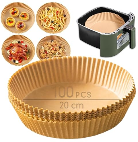 100 Fogli di Carta da Forno diametro 20 cm Marroni, Monouso, Biodegradabili, Rotondi a Teglia, Antiaderenti, Alimenti Fritti, per Friggitrice ad Aria, Air Fryer, Cucina