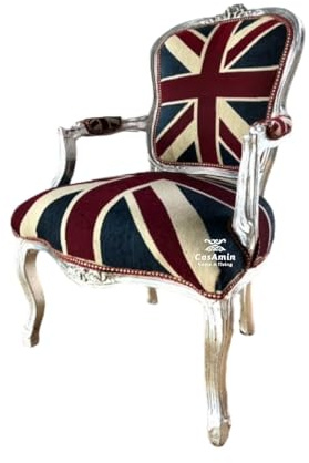 Fauteuil style baroque - Motif Union Jack - Cadre argenté - Pour la décoration de la maison ou le salon d'hôtel