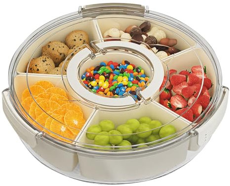 Leerweii Snackbox mit Fächern, Snackteller mit Deckel und Griff, 360° Drehbare Snack Box Snack Spinner Snack Organizer für Snacks Süßigkeiten Nüsse Obst Gewürze, für Party Picknick Trips