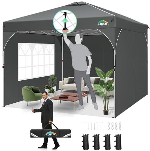 COBIZI Tonnelle Pliante 3x3 Imperméable | One Push Tonnelle Barnum Pliant 3x3 | Tonnelle de Jardin avec Ventilation, Tubes Fluorescents & 4 Sacs de Sable,Protection UV 50+,Gris Foncé