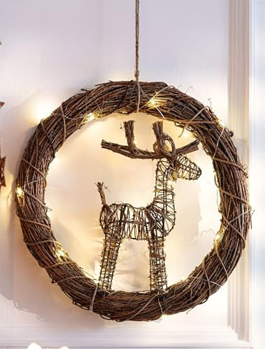 Dekoleidenschaft großer Dekokranz Rentier aus Zweigen mit LED Beleuchtung, Ø 44 cm, Natur Wandkranz, Weihnachtsdeko, Weihnachts-Türkranz zum Aufhängen, Naturkranz