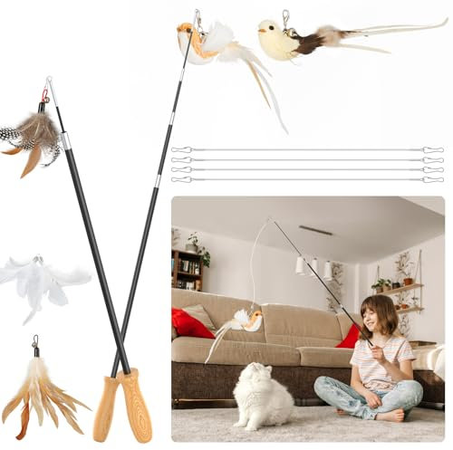 ROSAUI 2X Katzenangel lang, interaktives katzenspielzeug mit 2 Vogel und 3 Federn, Katzen Spielzeug für Kitten, cat Toys stabil 137cm