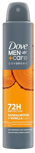 Dove Men+Care Advanced Sandalwood + Vanilla Anti-Perspirant Aerosol Deodorant Spray with ¼ moisturising cream for 72 hour sweat protection and anti-bacterial odour control 6x 200 ml