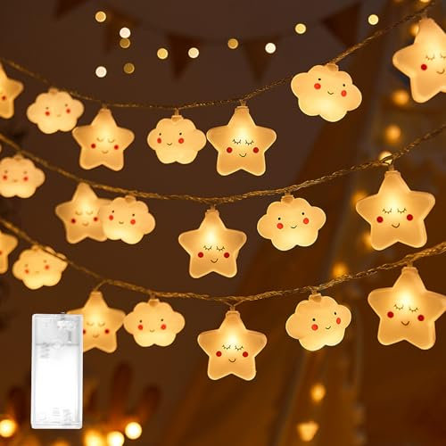 cailiya Guirlande Lumineuse à LED,avec 20 LED,3M,Forme Étoile Forme Arc-en-Ciel,à Piles,pour Noël,Chambre d'enfant,Fête, Jardin,Mariage Décoration (Blanc chaud (étoiles + nuages))